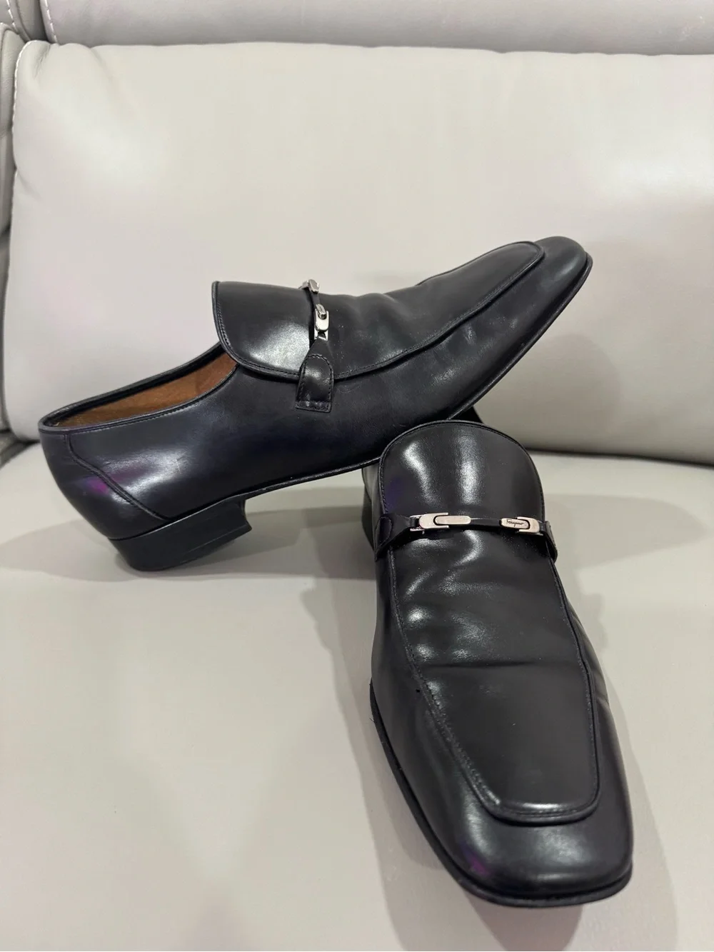 Salvatore Ferragamo Black Leather Slip-On Loafers with Silver Bit
